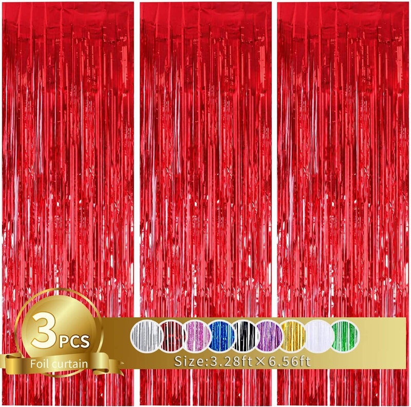TONIFUL 3Pcs Red Metallic Tinsel Foil Fringe Curtains,3.28ft x 6.56ft Red Photo Booth Backdrop Streamer Curtain,Photo Booth Props,Ideal Bachelorette Party Supplies,Birthday, Christmas,New Year Decorations - Image 1